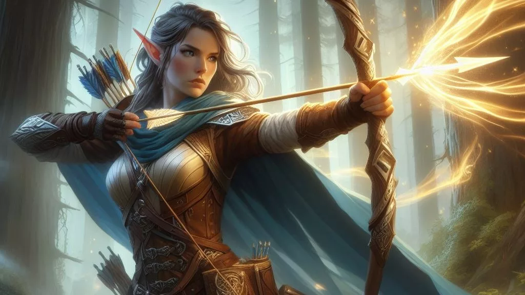 elven archer shooting a magic-infused arrow in dnd