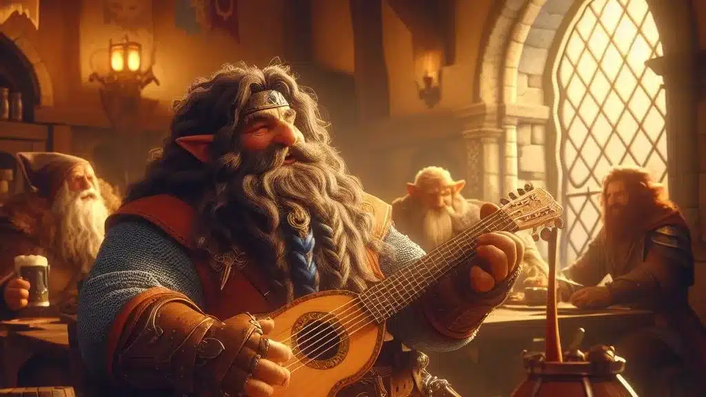bard playing a lute in a tavern
