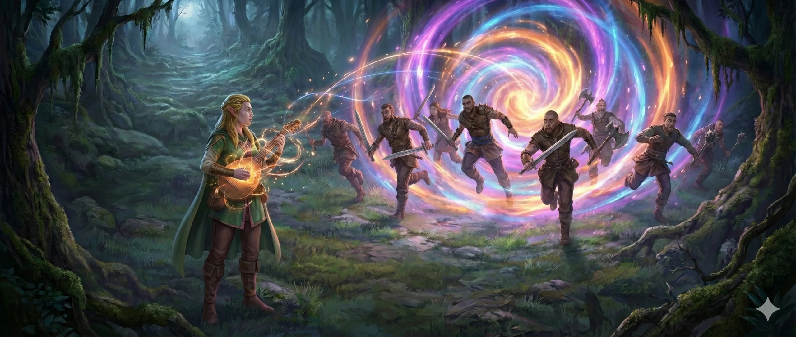 bard casting hypnotic pattern on a group of bandits in the woods