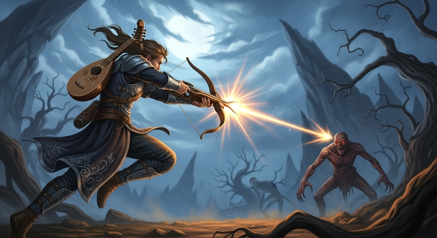 bard shooting a radiant crossbow bolt at a ghoul
