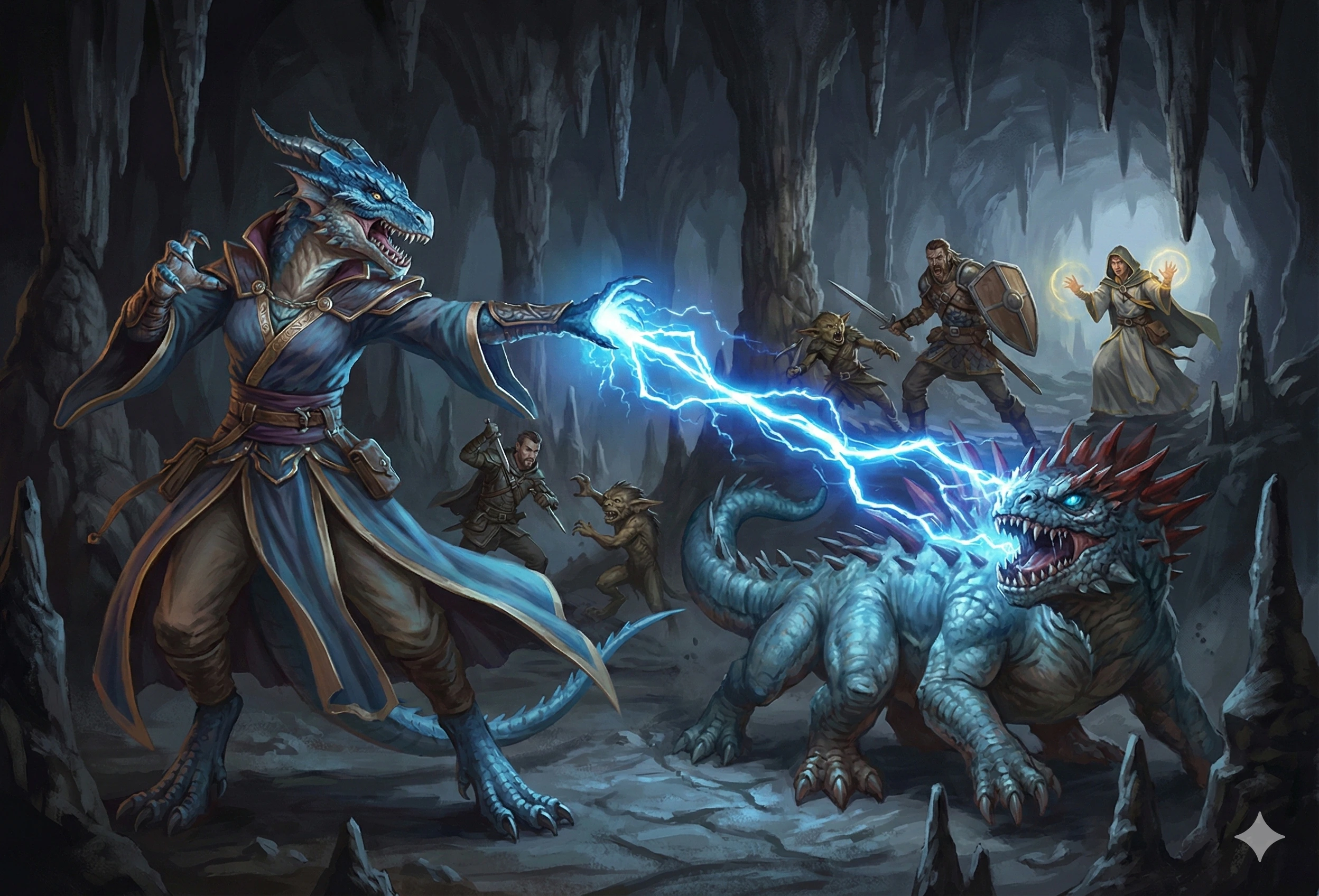 dragonborn sorcerer casting witch bolt on a basilisk