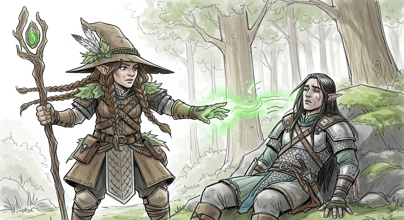gnome druid restoring a paralyzed elf