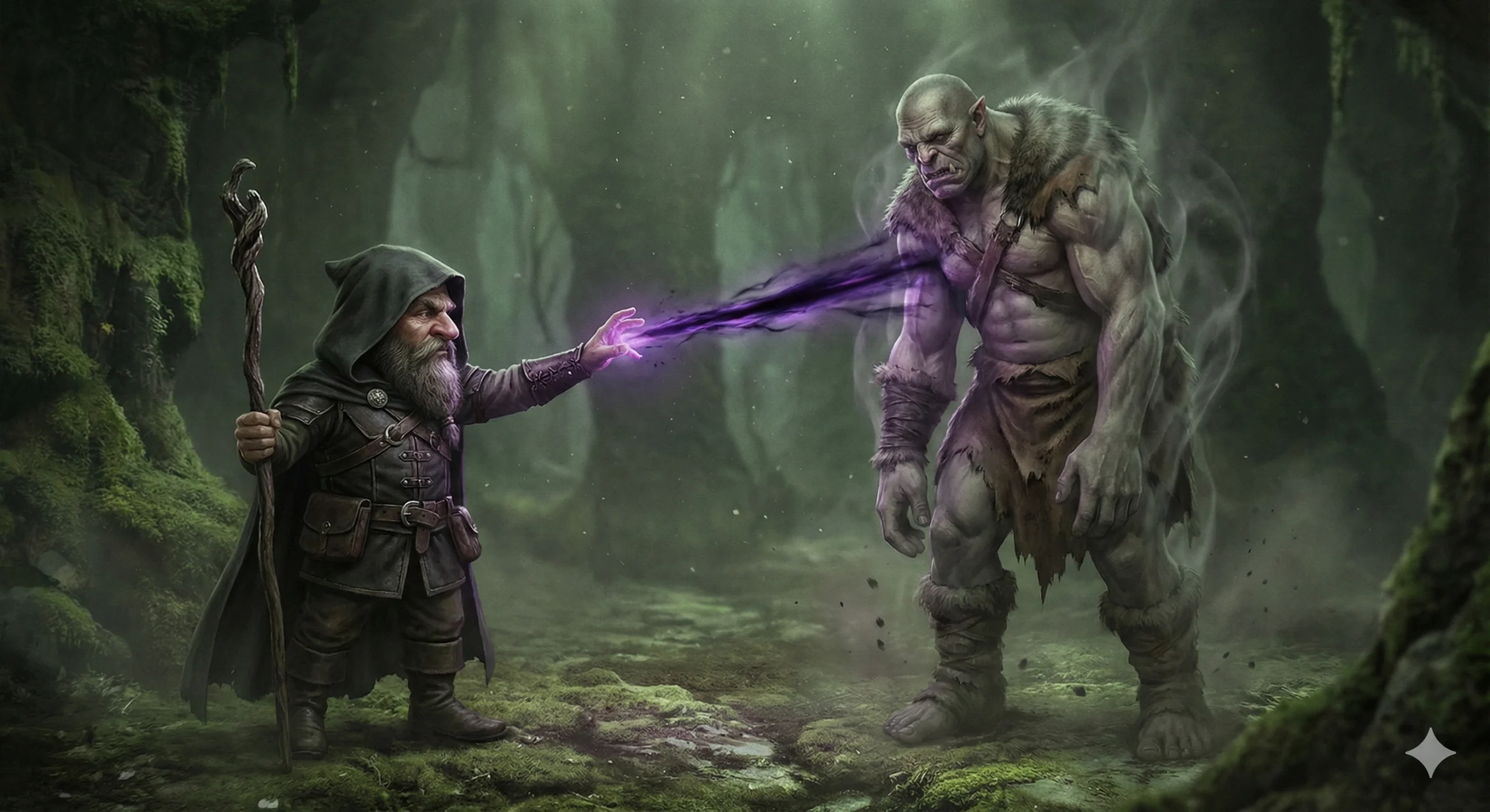 gnome warlock casting ray of enfeeblement on an ogre