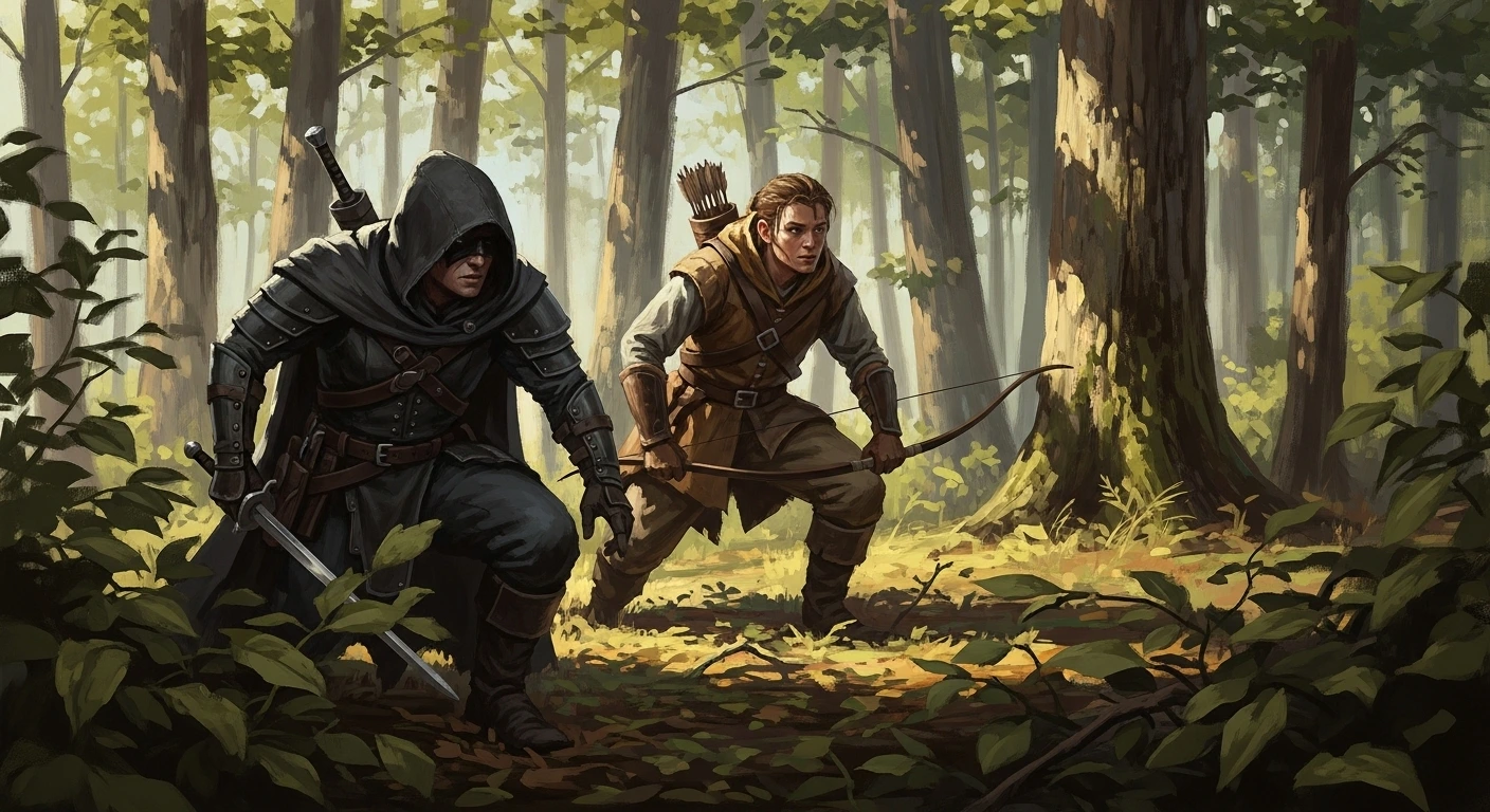 rogue and ranger stealthing through the forest