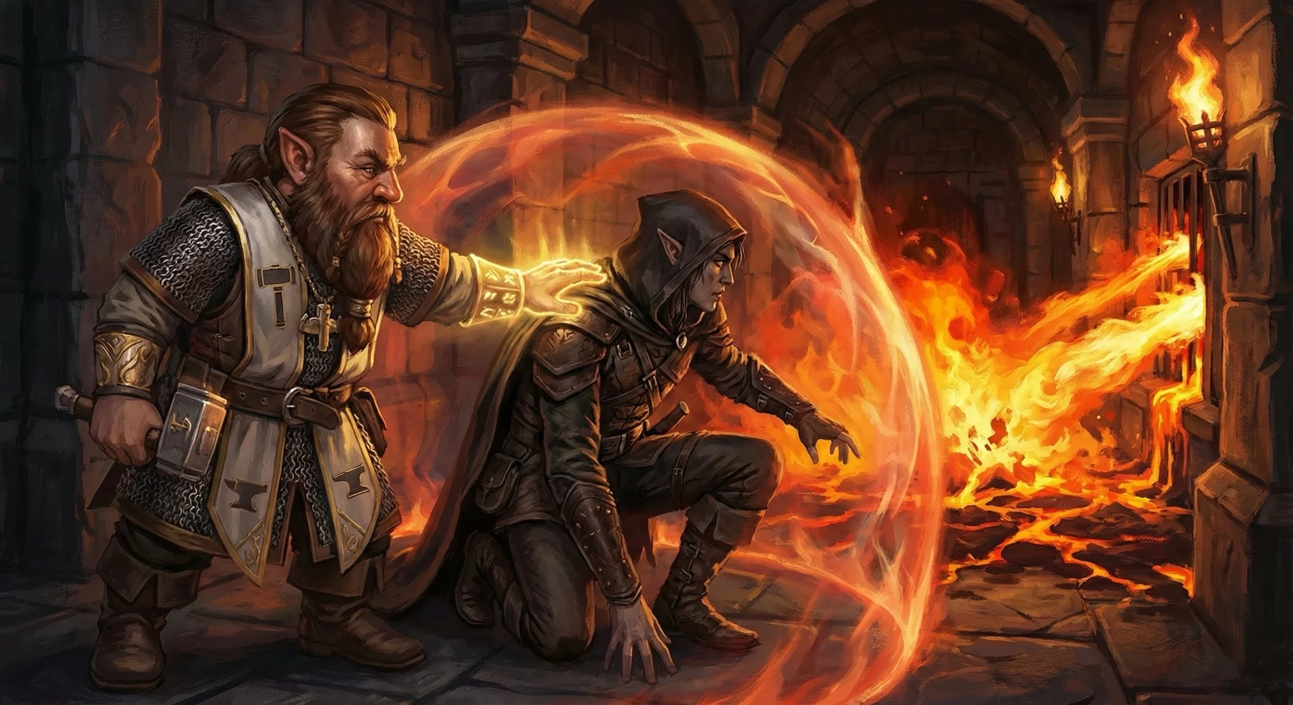 dwarf cleric casts resistance on elf rogue ally to grant fire resistance before the rogue attempts to run past a fire trap in a dungeon, generated by AI