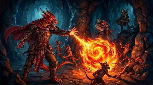 dragonborn sorcerer casts flaming sphere around kobolds, generated by AI