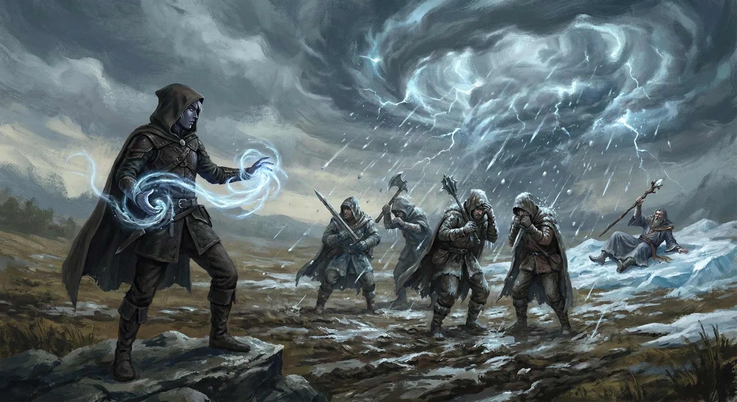 drow druid casts sleet storm on bandits, generated by AI