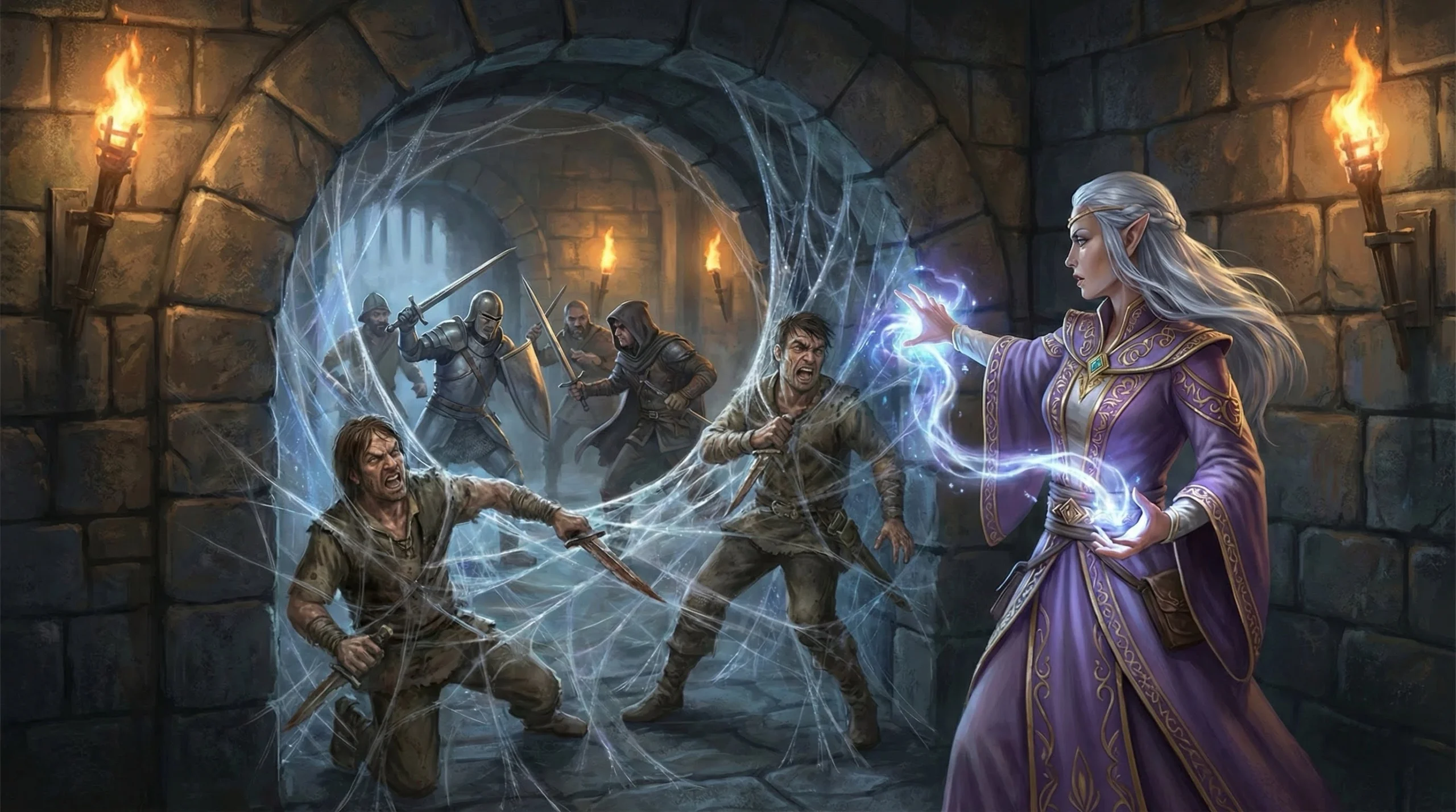 Elf Wizard casts web on a group of bandits in a dungeon, generated by AI