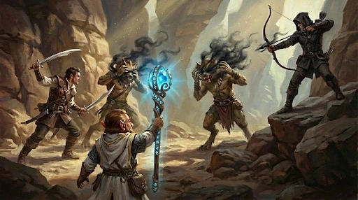 gnome cleric casts blindness/deafness on two gnolls, generated by AI