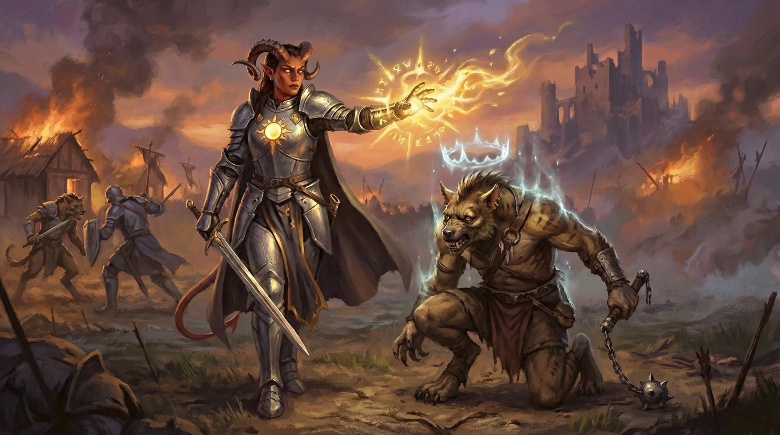 tiefling paladin casts command spell on a gnoll to make him kneel before her, generated by AI